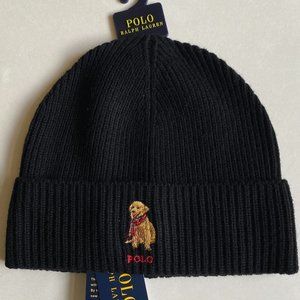 Polo Ralph Lauren Golden Retriever Dog Cuffed Knit Beanie Ski Hat Cap Black
